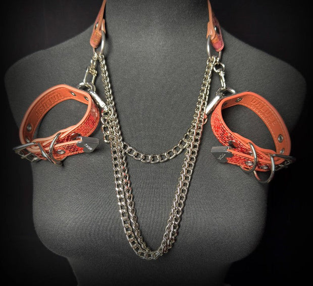 💜🔥 Fashion Necklace & Snake Pattern Cuff Set | Gold-Speckled Purple Orange Leather × Metal Chains × Bold Street Style