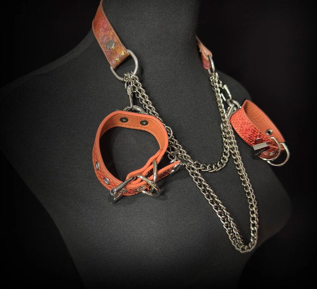 💜🔥 Fashion Necklace & Snake Pattern Cuff Set | Gold-Speckled Purple Orange Leather × Metal Chains × Bold Street Style