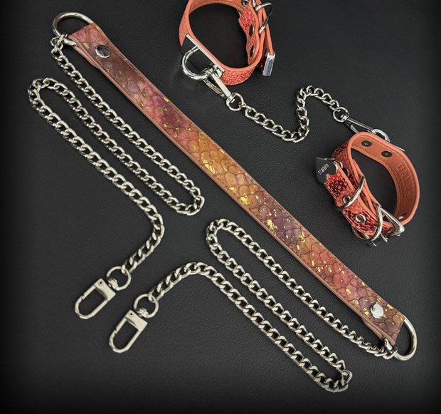 💜🔥 Fashion Necklace & Snake Pattern Cuff Set | Gold-Speckled Purple Orange Leather × Metal Chains × Bold Street Style