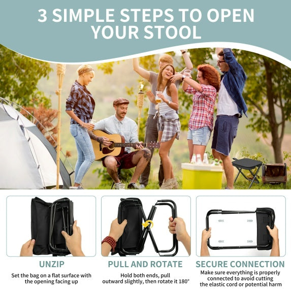 Camping Stools Set of 2, 10.6 Inch Small Portable Folding Chair with Carry Bag, Collapsible Camp Stools for Adults, Outdoor Footstool for Picnic Hiking Fishing, Hold Up to 220 LBS, Easy Setup, Black