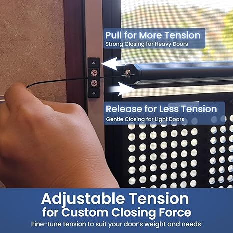 Screen door closer, adjustable tension, aluminum automatic closing device and accessories