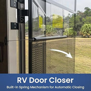 Screen door closer, adjustable tension, aluminum automatic closing device and accessories